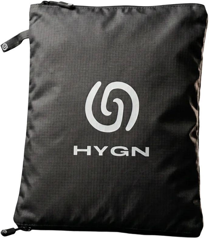 HYGN antimicrobial gym bag, closed, showing the spiral logo on water-resistant nylon