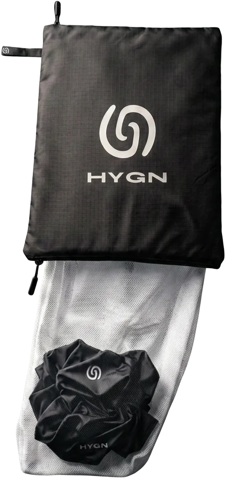 HYGN bag with the antibacterial mesh liner pulled out through the bottom zip